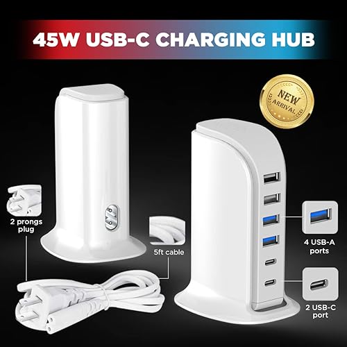 USB C Charger Upoy, Charging Station For Multiple Devices 45W, Fast Charging Blocks (Smart 8A) with Dual Type C Ports, USB Charging Hub Organizer Mult USB Charging Station Upoy, 6 Ports Charging Blocks, USB Power Hub