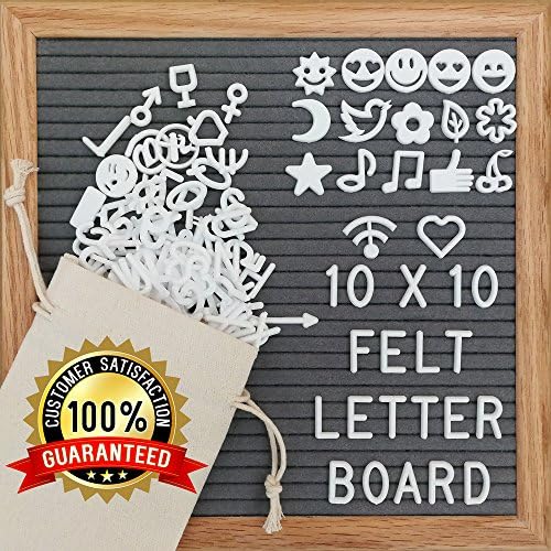 Gray Felt Letter Board 10x10 Inch with Personalized Letters, Changeable Letter Boards Including 335 White and 45 Golden Letters, Imported Oak Wooden Frame, Mounting Hook, Free Canvas Letter Bag VAG040