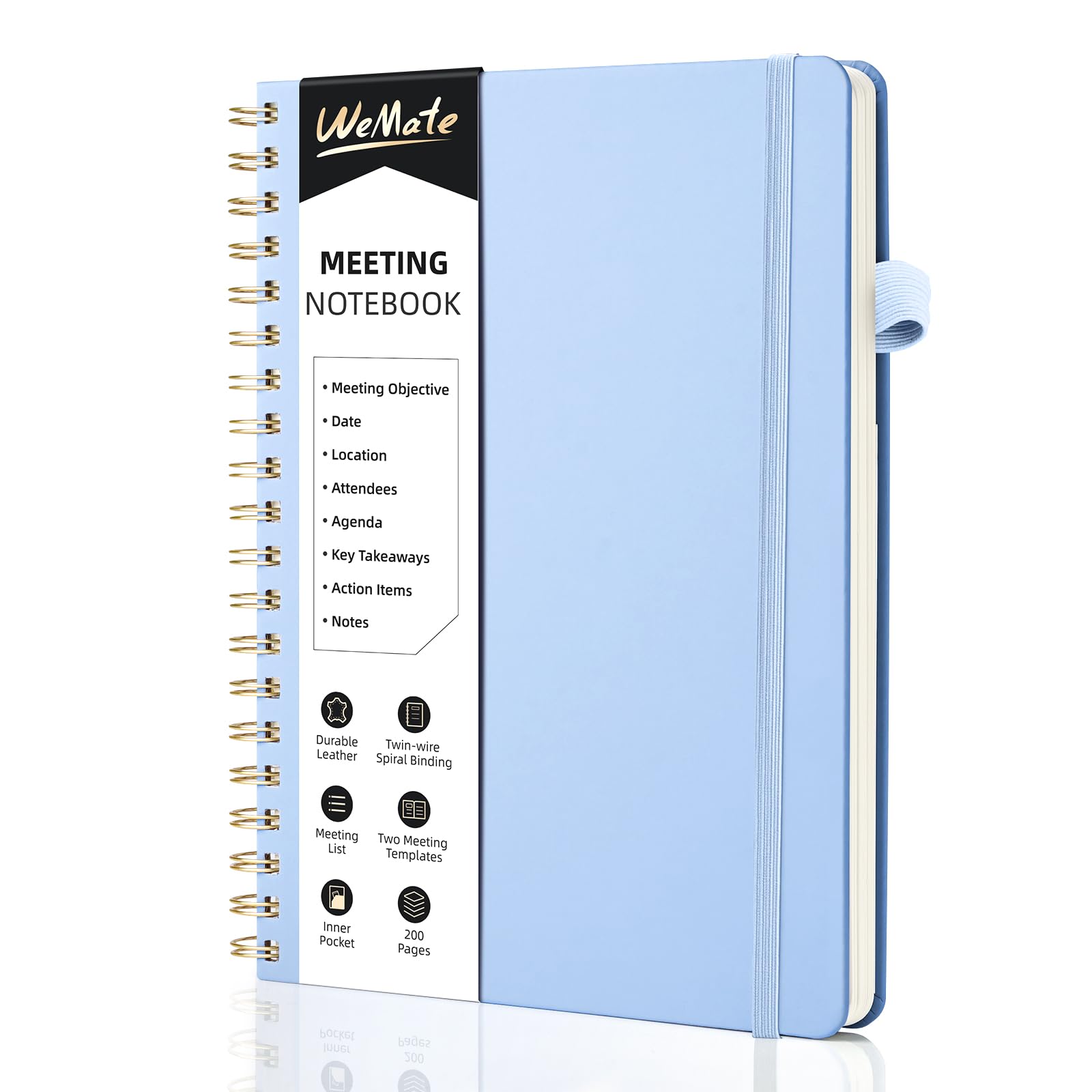 WEMATE Meeting Notebook B5 (7"x10") - PU Leather Planner Notebook with Agenda, Action Items & Notes - 200 Pages for Men&Women, Staff and Students, Meeting, Projects Planning - Light Blue