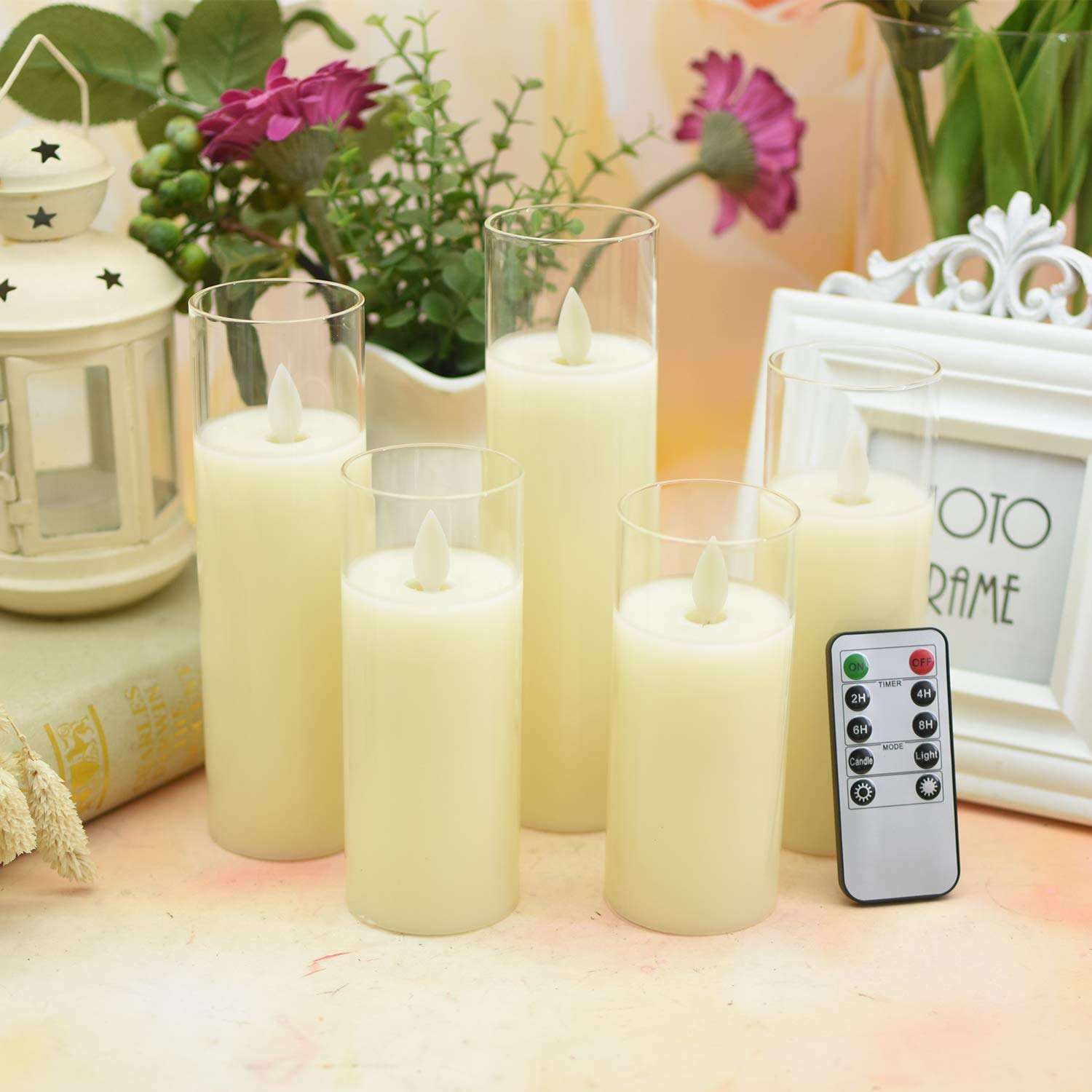 ACROSS Flickering Flameless Candles Battery Operated Pillar Real Wax Moving Wick LED Glass Candle Sets with Remote Control Timer for Halloween Holiday Christmas Wedding Party, 5\