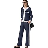 Women Fall 2 Piece Outfits Set, Color Block Ladies Elegant Stretchy Cozy Top Loose Fit Wide Leg Lounge Pant Sets