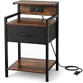 Homiekit Industrial Nightstand with USB Charging Port, Narrow End Side Table with Fabric Drawer &amp; Storage Shelf for Bedroom Living Room