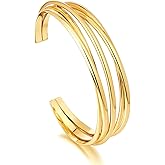 Amoina Chunky Gold Cuff Bracelet for Women, Multi-layer Cross Wire Open Hollow Wide Cuff Adjustable Bangle Jewelry