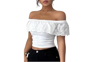 GORGLITTER Women's Off The Shoulder Tops Eyelet Embroidered Ruffle Ruched Cropped T Shirt Boho Summer Going Out Top