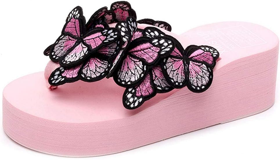 MISTU Women's Bohemian Butterfly Platform High Heel Flip Flops Anti-Slip Summer Beach Thong Wedge Sandals