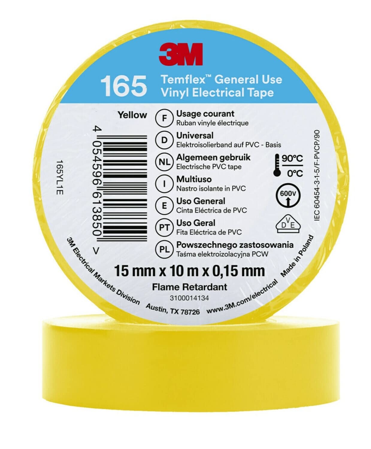 Temflex 3M Vinyl Electrical Tape 165, Yellow, 15 mm x 10 m, 100 Rolls/Case