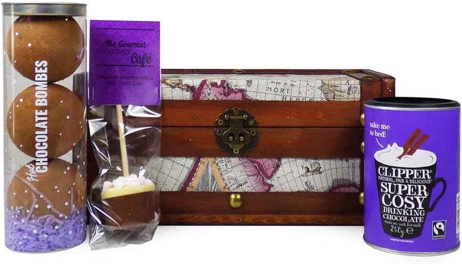 Hot Chocolate Delights Food Gift Hamper Presented in a Vintage Style Map Chest - Perfect Gift idea for Christmas, Birthday, Mothers Day, Fathers Day, Corporate, Business or Thank You Gifts