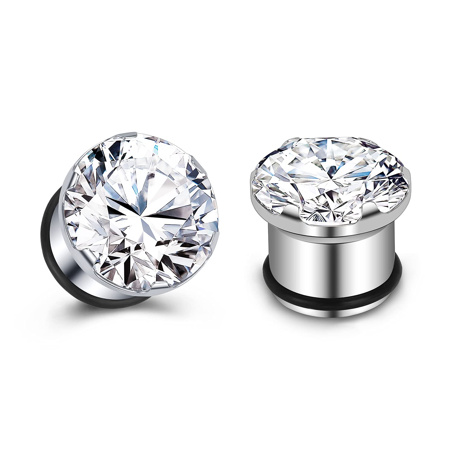 PunkTracker Pair Clear CZ Zirconia Prong Set Ear Plugs Gauges Stainless Steel with Silicone O-Ring Stretcher Expander