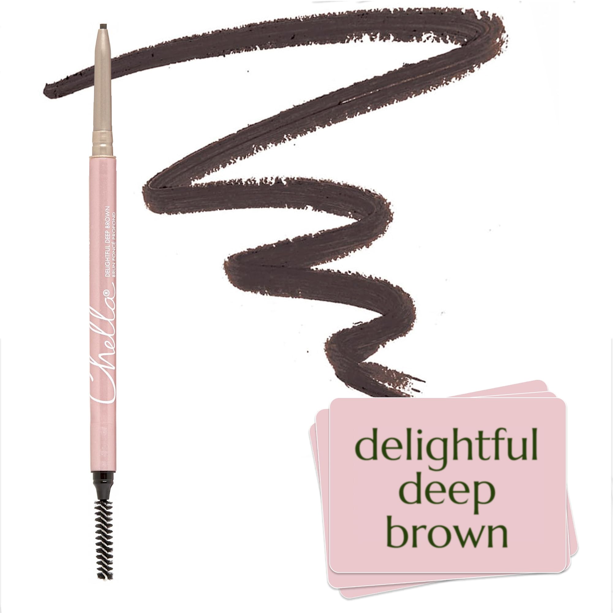 Chella Eyebrow Pencil, Delightful Deep Brown. Vegan, Long Wearing, Smooth Consistency, Free of: Gluten, Cruelty, and Paraben.