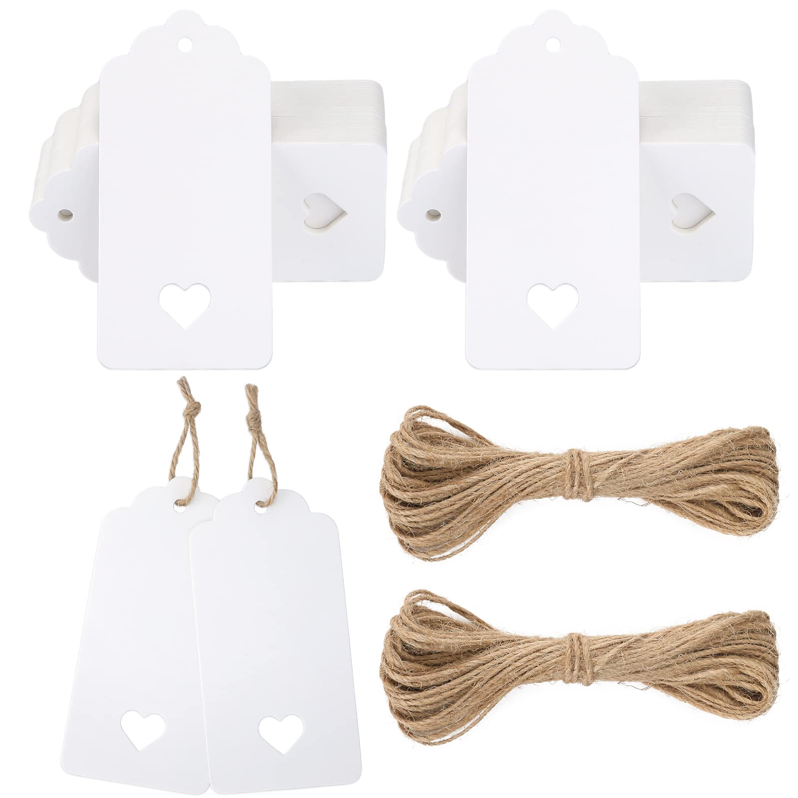 G2PLUS White Gift Tags with Heart, 100PCS Blank Paper Tags with String, 4.5cm x 9.5cm Large Gift Labels for Wedding Favors, Presents, 300g/m²