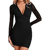 Women's Long Sleeve Bodycon Mini Dresses Sexy Mesh V Neck Ruched Club Night Out Party Going Out Fall Dress