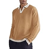 BAYAMO Mens Polo Sweater V Neck Long Sleeve Pullover Sweater Casual Knit Textured Sweater