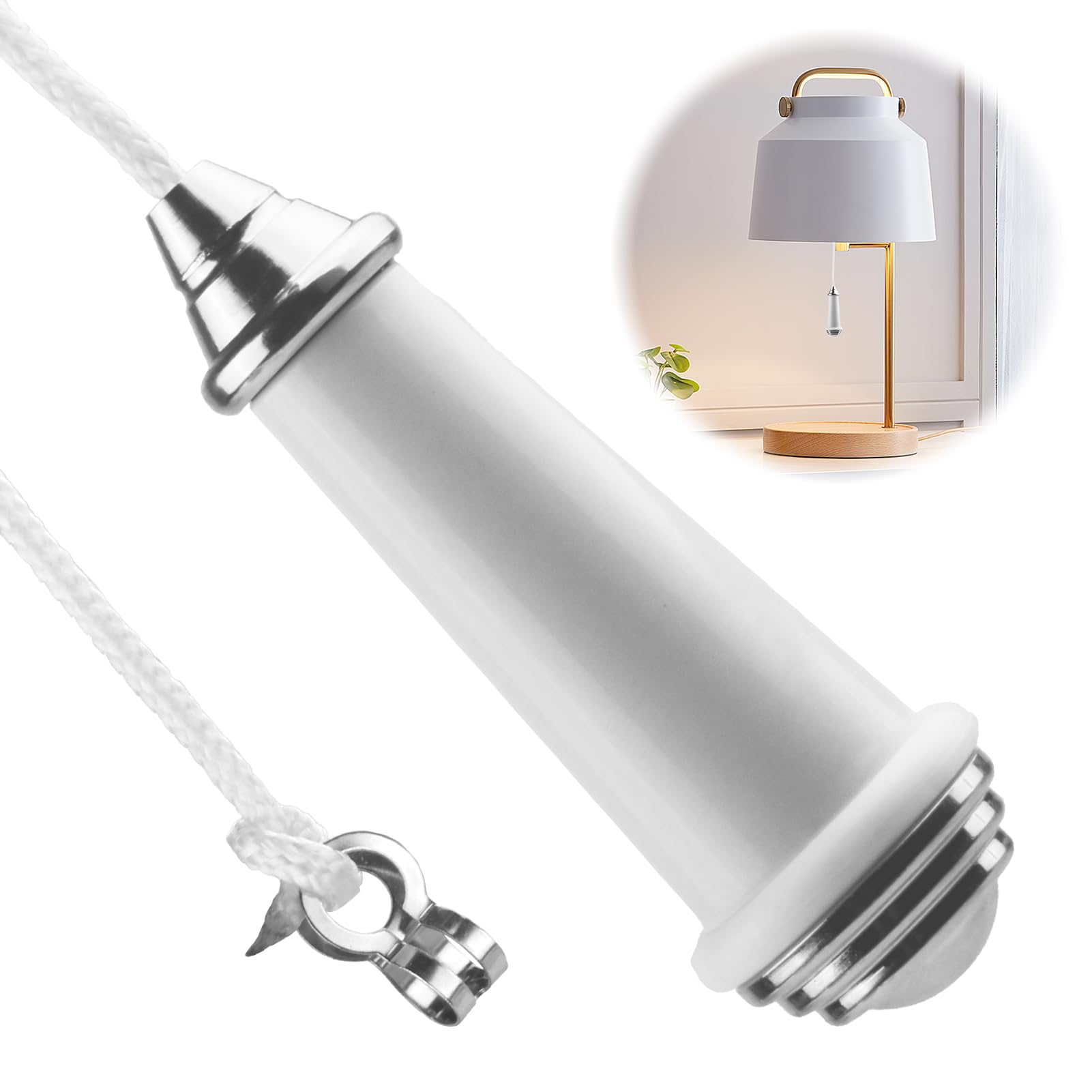JUGCUT Luxury Chic Porcelain Bathroom Light Pull Cord switch for bathroom or wall, Handle With 100cm Light Pull Cord Extension Chrome for Bathroom Toilet Light Ceiling Light Fan Switch (WHITE)