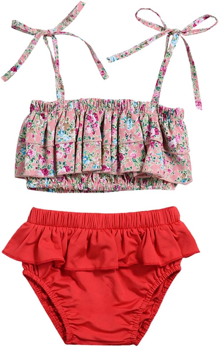 Baby Girl Swimsuit Floral Bikini and Ruffle Skirt Swimwear Outfit with Headband 3Pcs