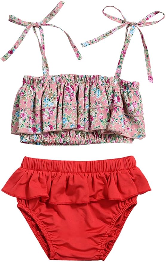 Baby Girl Swimsuit Floral Bikini and Ruffle Skirt Swimwear Outfit with Headband 3Pcs