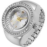 Jessica Simpson Women's Silver Adjustable Ring Watch – Crystal Bezel, Quartz Analog Mini Dial, Stretch Band Fashion Jewelry Accessory