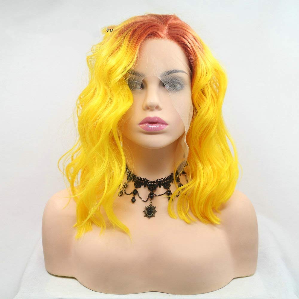RainaHair 14inches Short Bob Lace Front Wig for Women Shoulder Lenght Synthetic Wigs for Cosplay Party Bob Hair Wigs (Orange Roots to Yellow)