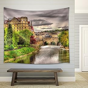 View of Bath Town Over The River Avon - England - Fabric Wall Tapestry Home Decor - 51x60 inches