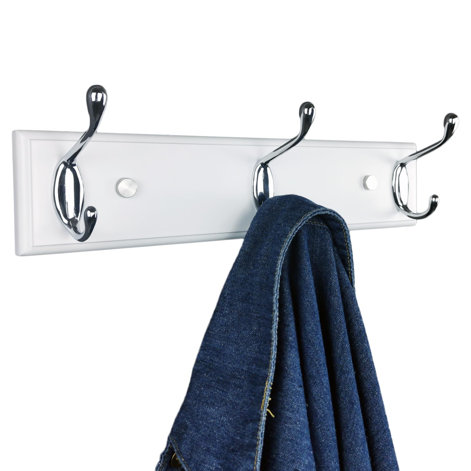 Lomejii Wooden Wall Coat Rack with 3 Silver Hooks, 31 cm, Strong Hook Rail for Hat, Bag, Large Modern Coat Rack for Entrance, Hallway, Bedroom, White