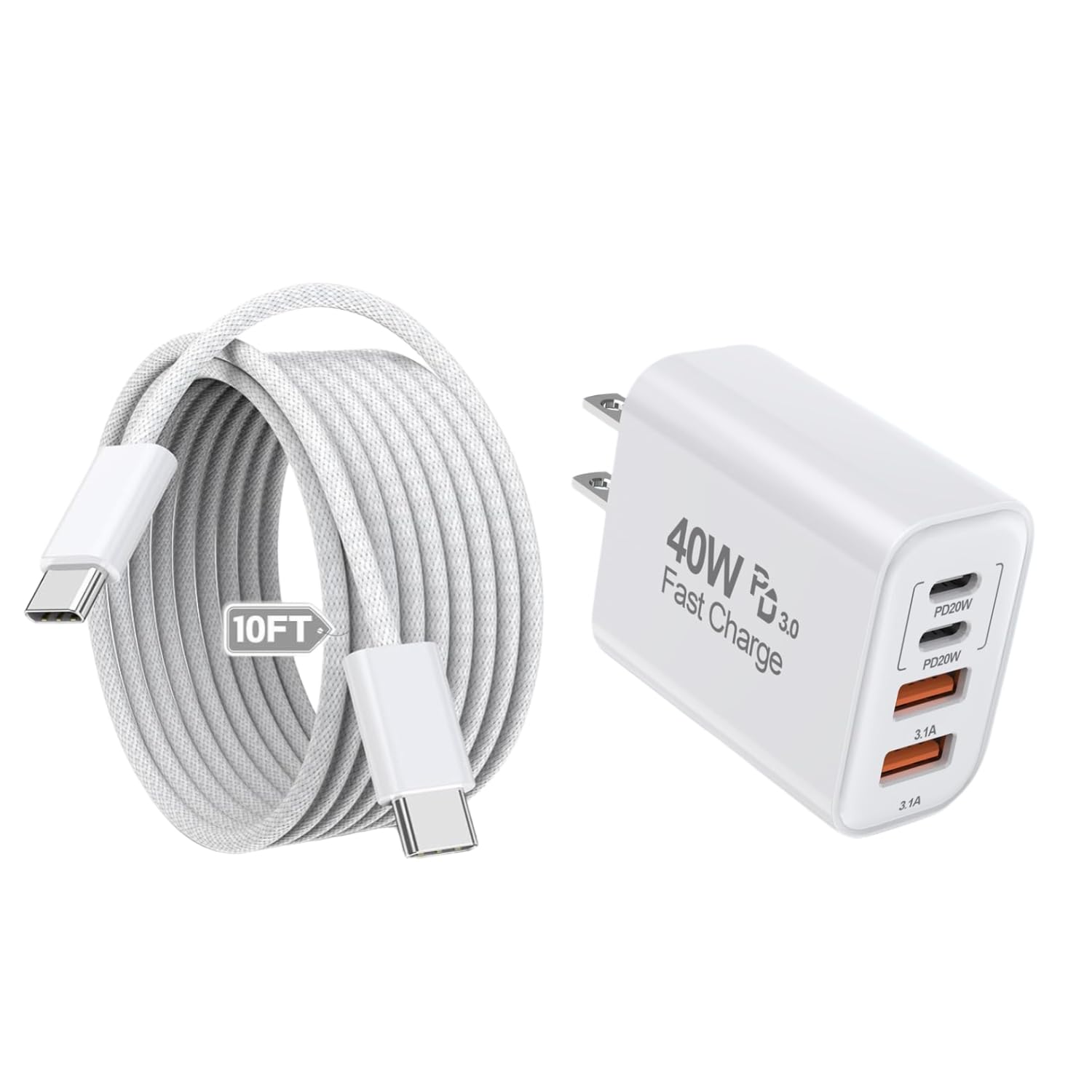 Photo 1 of 10Foot USB C-C Woven Fast Charging Cable,Apple 40W 4 Port USB C Wall Charger Block with 10FT Type C Charging Cable Cord PD&AC 40W Adapter for iPhone 17Air/17 Pro/16/16e/16 Pro Max/15/iPad Pro/Air/Mini