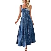 chouyatou Women's Adjustable Spaghetti Strap Maxi Long Denim Dress A-Line Swing Distressed Jean Sun Dress