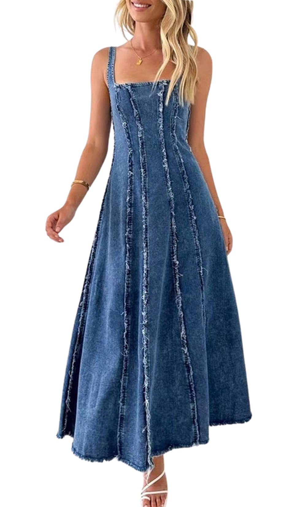Photo 1 of **NEEDS TO BE WASHED AND NEEDS A NEW ZIPPER** chouyatou Women's Adjustable Spaghetti Strap Maxi Long Denim Dress A-Line Swing Distressed Jean Sun Dress (Medium, Dark Blue)