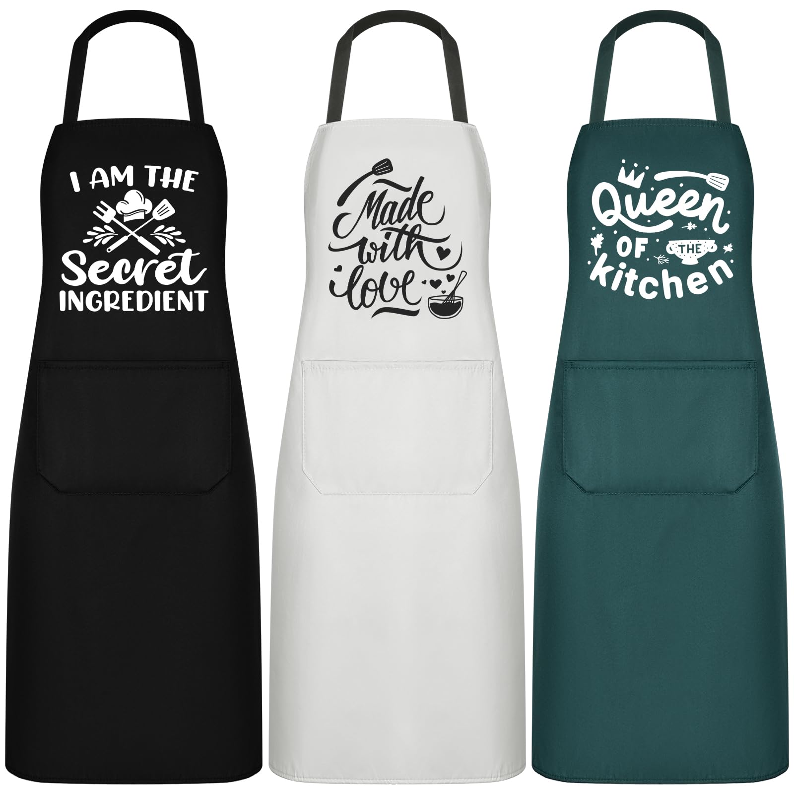 Photo 1 of Jeyiour Set of 3 Funny Women Aprons with Quotes Pocket Adjustable Waist Tie Cute Black Kitchen Aprons for Cooking Baking Gift(Black, Green, White)