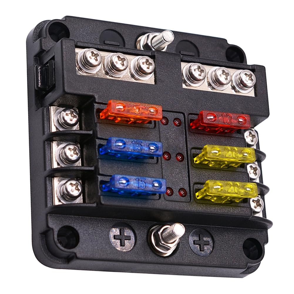 Photo 1 of 12 Volt Fuse Block, Waterproof 6 Way Fuse Box with 6 Ground Negative Busbar for Automotive[100 Amp Max] [LED Indicator] for Car Golf Cart Boat Marine RV DC 12-24V