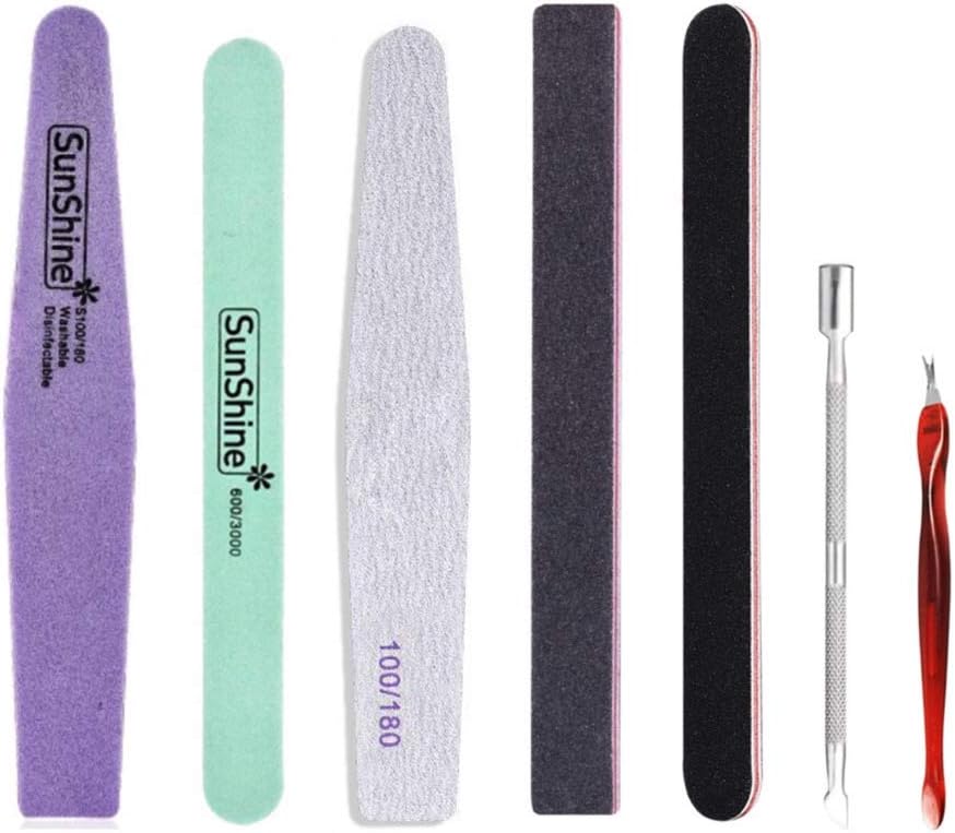 Hanyousheng Nail File,Gel Nail File Set Professional Nail Buffer File Block 7Pcs Nail Polish Remover Tools,Nail Polish Gel Remover Tools Kit Cuticle Pusher Nail Brushes (Sponge Rubbing Random Colors)
