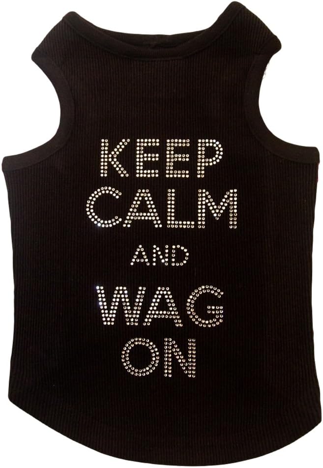 Keep Calm and Wag on Rhinestone Ribbed Tank Top for Dogs (Medium)