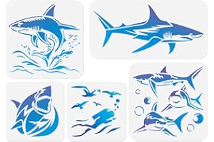 DOODLREAM 5Pcs Ocean Shark Wall Stencil Templates Reusable Plastic Marine Organism Stencils for Painting on Wood Wall Floor Fabric Glass Furniture, DIY Home Decor or Craft Stencil