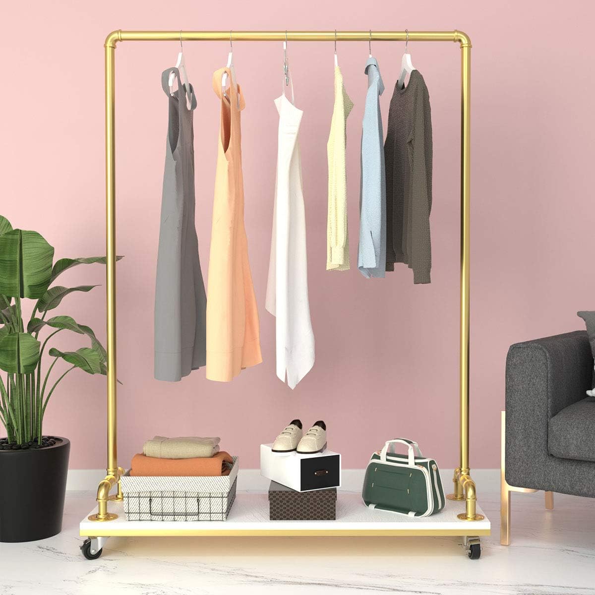 MDEPYCO Commercial Grade Fashion Rolling Metal Garment Rack with Wheel,Retail Display Clothing Rack with Wood,Single Rod Floor-Standing Hangers Clothes Shelves (Gold, 47.2 L)