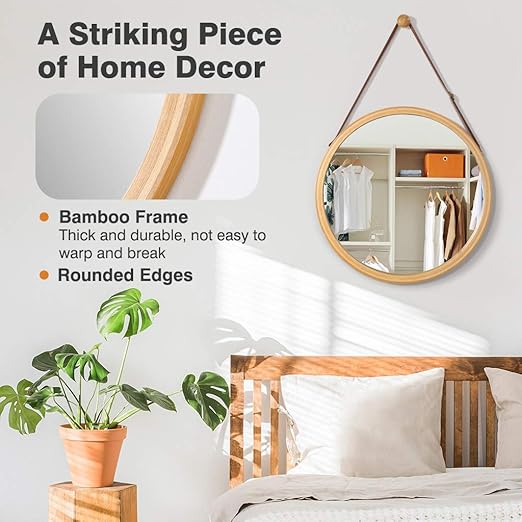 Easy Assemble With Adjustable Strap Living Room Decor Langria Wall Mirror With Natural Bamboo Frame Contemporary Design 45 Cm Bathroom Round Silver Coated Clear Reflection For Bedroom Mirrors Home Kitchen Rematiptop Com Br