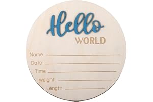 YONHTUTU Baby Announcement Sign, 5.9 in Wooden Hello World Newborn Sign, Baby Name Sign for Hospital Nursery, Announcement Board for New Baby Shower Decor Sign Photo Prop, Newborn Boys and Girls Gifts(Blue)
