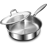 EWFEN 12 Inch Tri-Ply Stainless Steel Frying Pan, Compatible with All Cooktops Up to 600℉, Large Frying Pan with lids, Induction-Ready Skillet, Dishwasher and Oven Safe, Even Heat, 12" Saute Pan+Lid