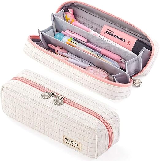 Pencil Case, Grid Pencil Pouch with 3 Compartments Stationery Bag Pencil Bag for Girls Teens