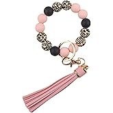 Leopard Silicone Beaded Wristlet Keychain, PU Tassel Bracelet Bangle Beads Car Keyring for Women,Wrist Key Chains