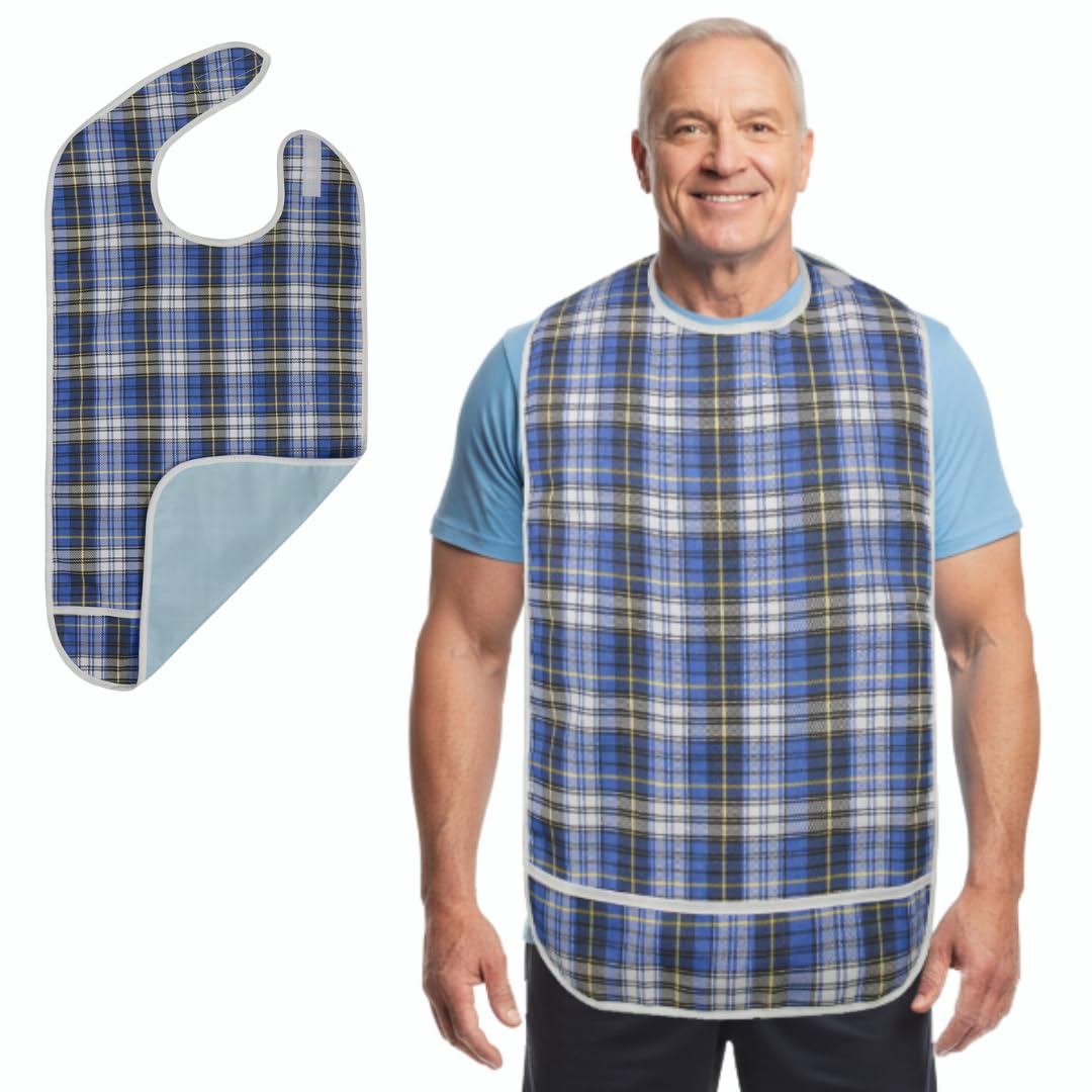 Modaliv Adult Bib – Waterproof Reusable Clothing Protector with Crumb Catcher for Mealtime | Extra Long Senior Bib for Elderly & Disabled | Washable Dining Aid – Adult Eating Apron – Blue