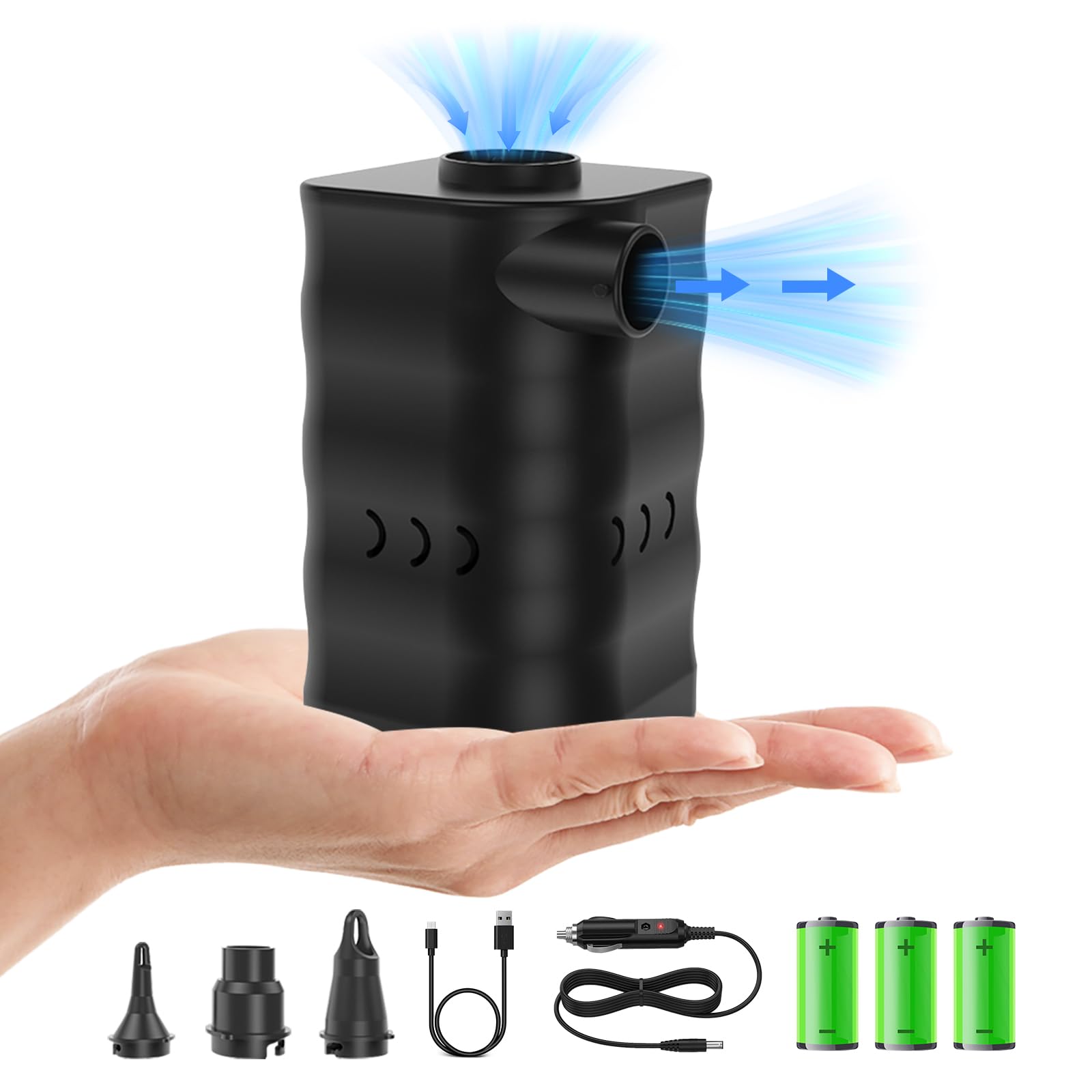 Woowind Electric Pump for Inflatables – 4.5kPa Rechargeable Electric Air Pump for Airbed,Paddling Pool,Mattress,Pool Floats,Boats – With 5 Nozzles for Fast Inflation/Deflation - Kona Air