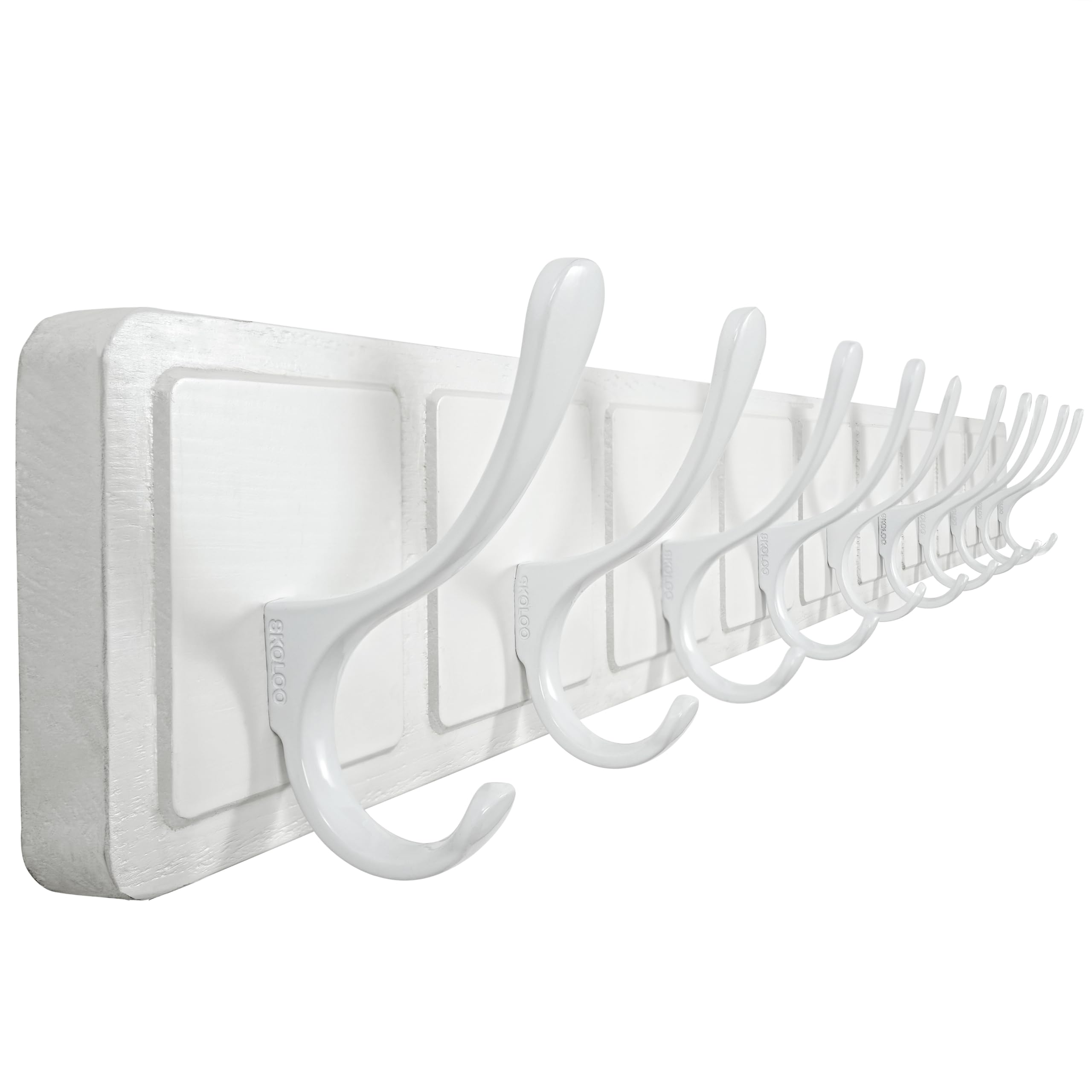 SKOLOO Coat Rack Wall Mount - Scandi-Style Wooden Carved-Block Coat Hook, Wall Coat Hanger with 10 Hooks for Hanging Coats, Hats, Clothing, Scarfs, White