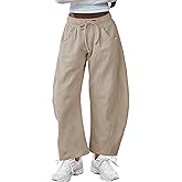 Hongsui Women's Barrel Leg Pants Elasticated Waistband Soft Wide Leg Pants with Pockets Casual Sweatpants