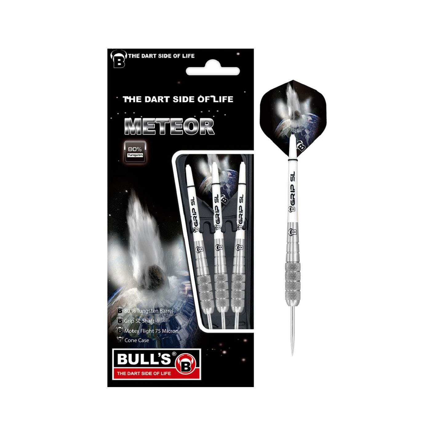 Meteor steel dart made from 80% tungsten. Dart set consisting of 3 darts developed with over 10 variants, different milled barrel variants allow individually pronounced grip level., unisex_adult, Bull's Meteor Mt10 Steel Dart 26 g, 13536, Silver / White, 26 g