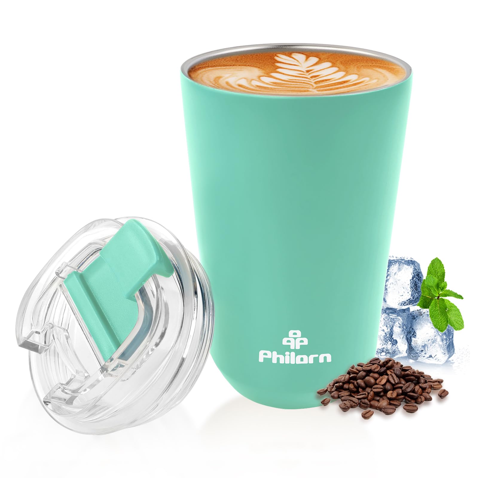 Philorn Coffee Cup, 13 oz/380 ml Insulated Travel Mug with Leakproof Lid & Double Wall, Reusable Vacuum Stainless Steel Coffee Mug for Hot and Cold Drinks, Green