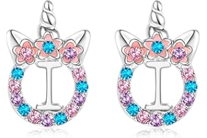 TRWWELL Cute Rose Gold Silver Initial Unicorn Hypoallergenic Stud Earrings Rhinestone Initial Letter Stud Earrings for Girls Unicorns Jewelry Gifts for Kids Toddler