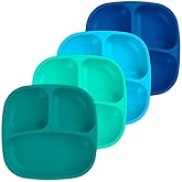 Re-Play Toddler Plates with Dividers - Deep-Walled 3 Compartments Divided Plates for Kids - Dishwasher & Microwave Safe - Made in USA - Set of 4-7.37" x 7.37" x 1.25" - True Blue