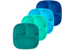 Re-Play Toddler Plates with Dividers - Deep-Walled 3 Compartments Divided Plates for Kids - Dishwasher & Microwave Safe - Made in USA - Set of 4-7.37" x 7.37" x 1.25" - True Blue