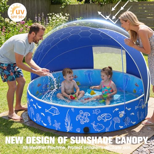 Luxfero Children's Swimming Pool with Canopy, Children's Pool with Sun Shield, Thickened Foldable Paddling Pool for Children, Anti UV, Easy to Store, Family Pool for Garden Beach, 130 x 130 x 30 cm