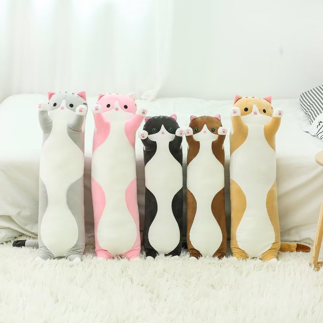 SHINUOER Cute Cat Plush Long Body Pillow – Soft Cartoon Stuffed Animal Doll, Kawaii Cat Plushie Cuddle Toy Gift for Kids, Girls & Girlfriend (Pink, 19.7 Inch)