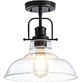 Zlepmlla Flush Mount Ceiling Light Fixture < Bulb NOT Included >, Black Metal Frame Ceiling Light Fixture with Seeded Glass, 