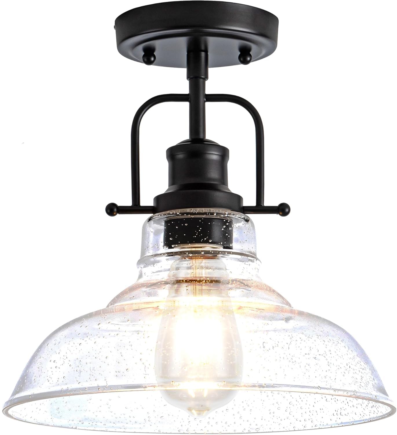 Photo 1 of Zlepmlla Flush Mount Ceiling Light Fixture < Bulb NOT Included >, Black Metal Frame Ceiling Light Fixture with Seeded Glass, Farmhouse Light Fixture for Kitchen Island Entryway Porch Foyer